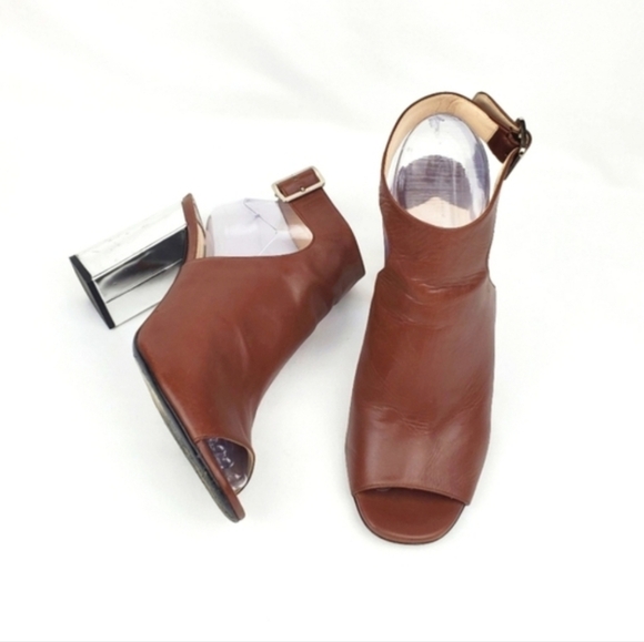 Prada Milano tan/brown leather chunky heel Open toe bootie size 38.5 - Picture 2 of 10